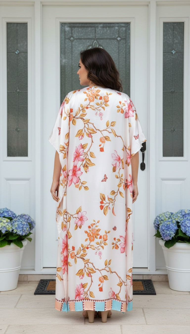 Floral Cream Satin Women Plus Size Summer Kaftan Beach Maxi Dress