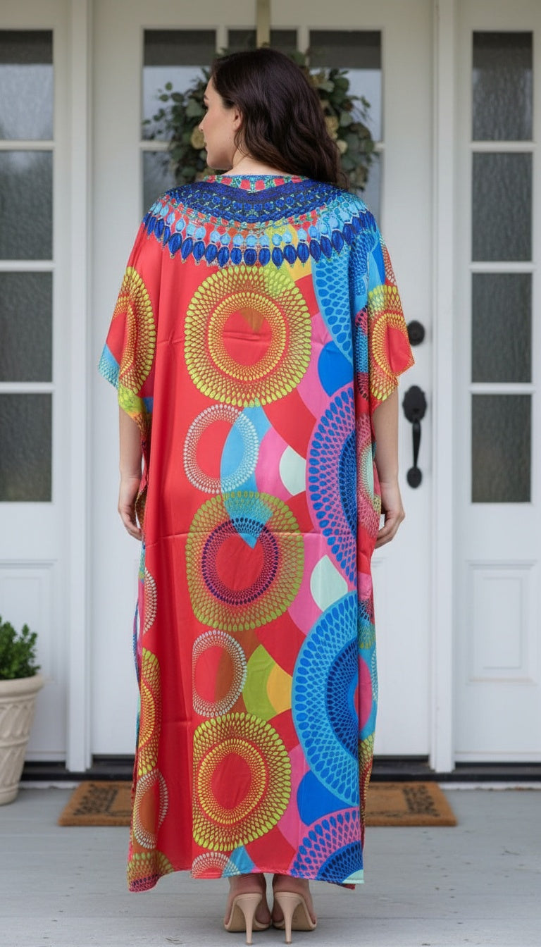 Red Geometric Satin Plus Size Kaftan Dress for Women Summer