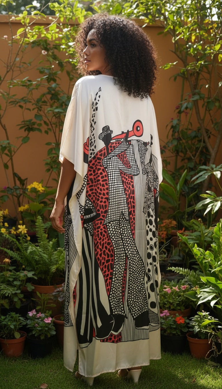 Woman wearing a patterned plus size kaftan kimono-style garment in a garden setting