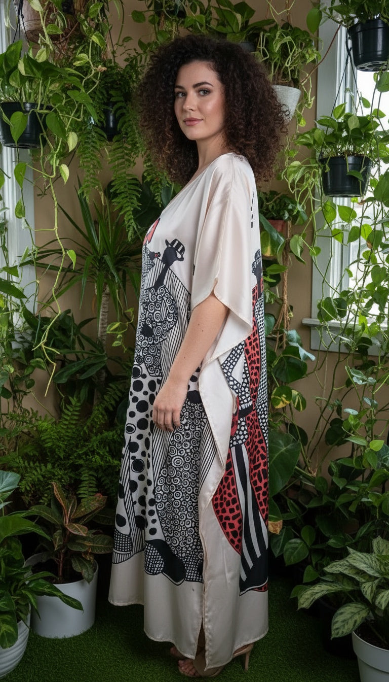 Afro Musical off White Satin Plus Size Kaftan Dress for Lounge Wear