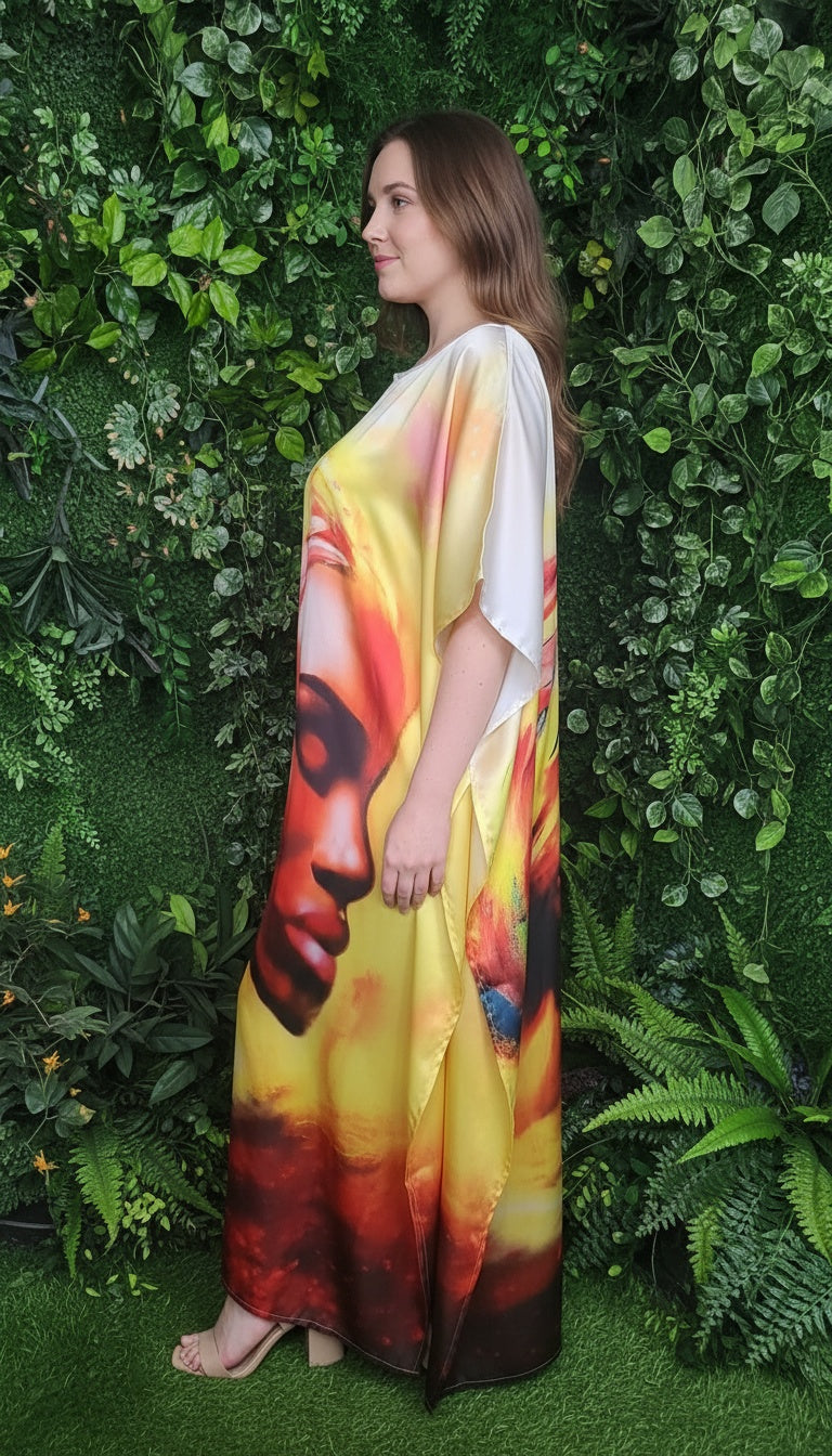 Lady Face Yellow Satin Plus Size Kaftan Dress for Casual Wear
