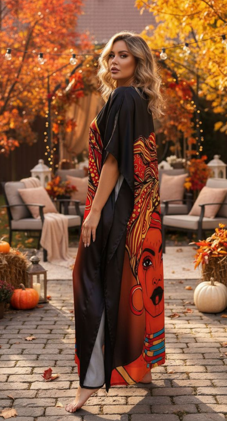 Black Lady Print Satin Plus Size Caftan for Women
