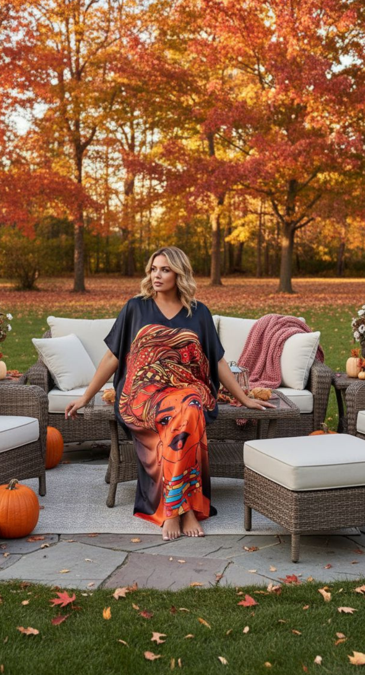 Black Lady Print Satin Plus Size Caftan for Women