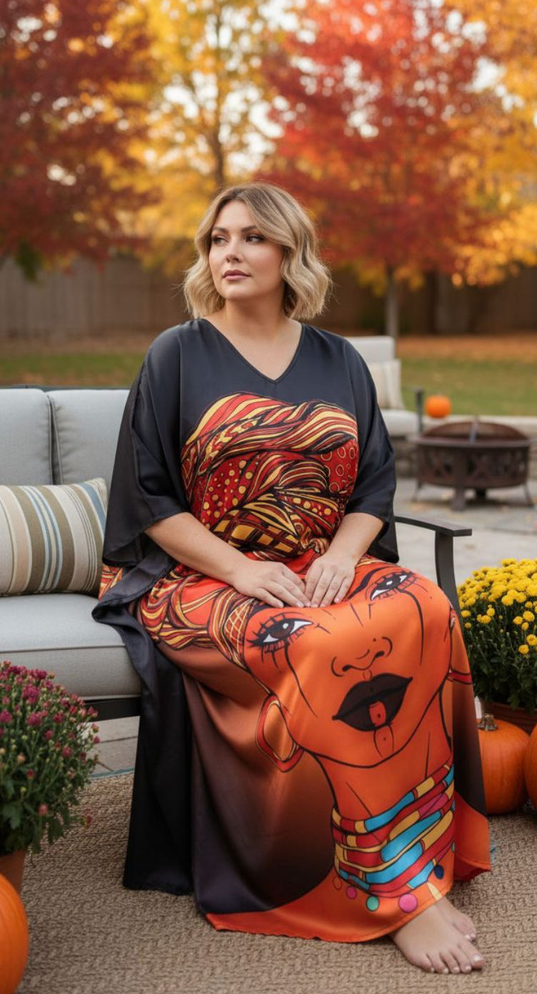 Black Lady Print Satin Plus Size Caftan for Women