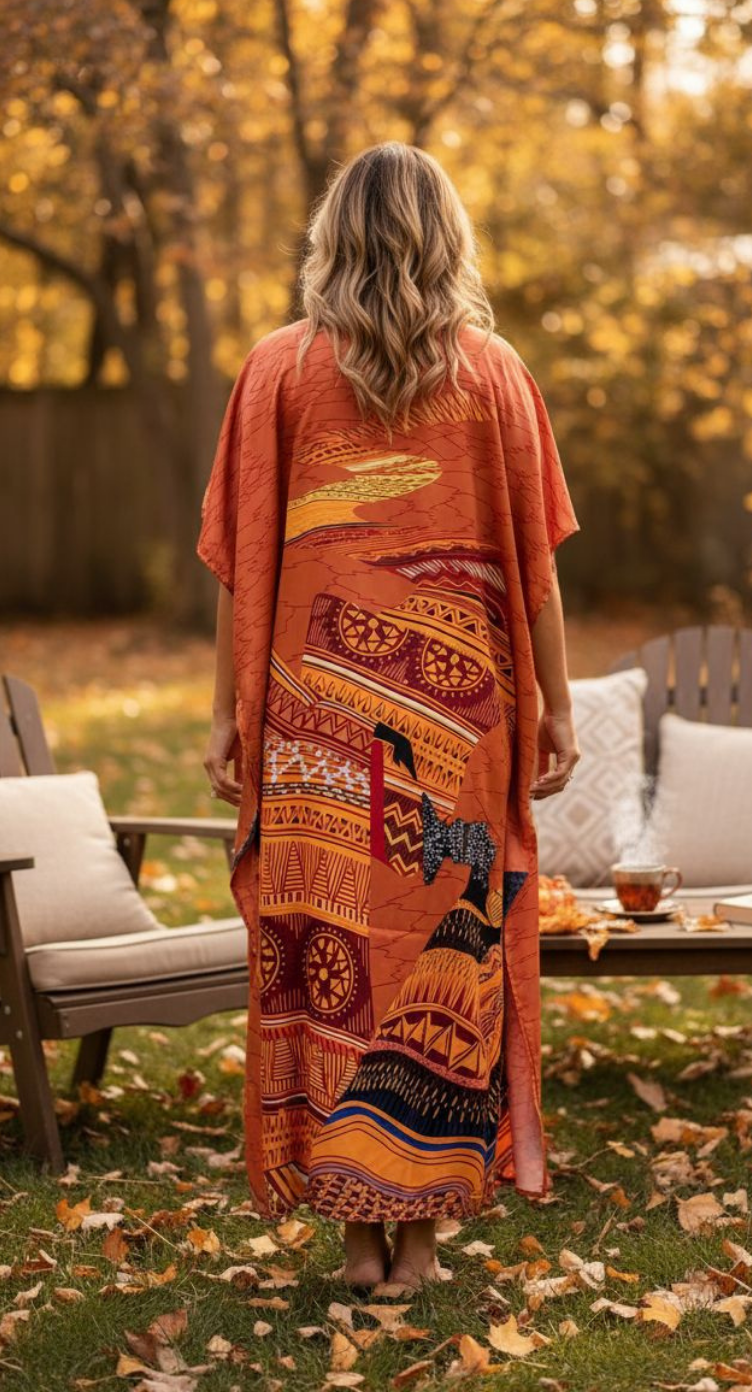 Orange Geometric Satin Plus Size Caftan Dress Resort wear