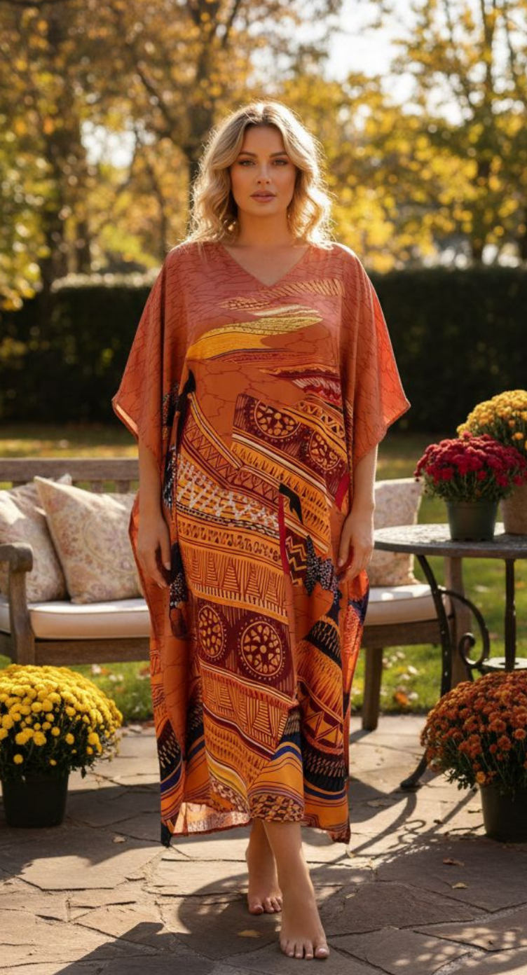 Orange Geometric Satin Plus Size Caftan Dress Resort wear