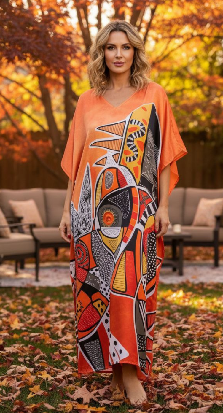 Tribal Orange Satin Kaftan Plus Size 1X-3X Holiday | Gypsie Blu Tribal Orange Satin Kaftan Plus Size 1X-3X Holiday | Gypsie Blu