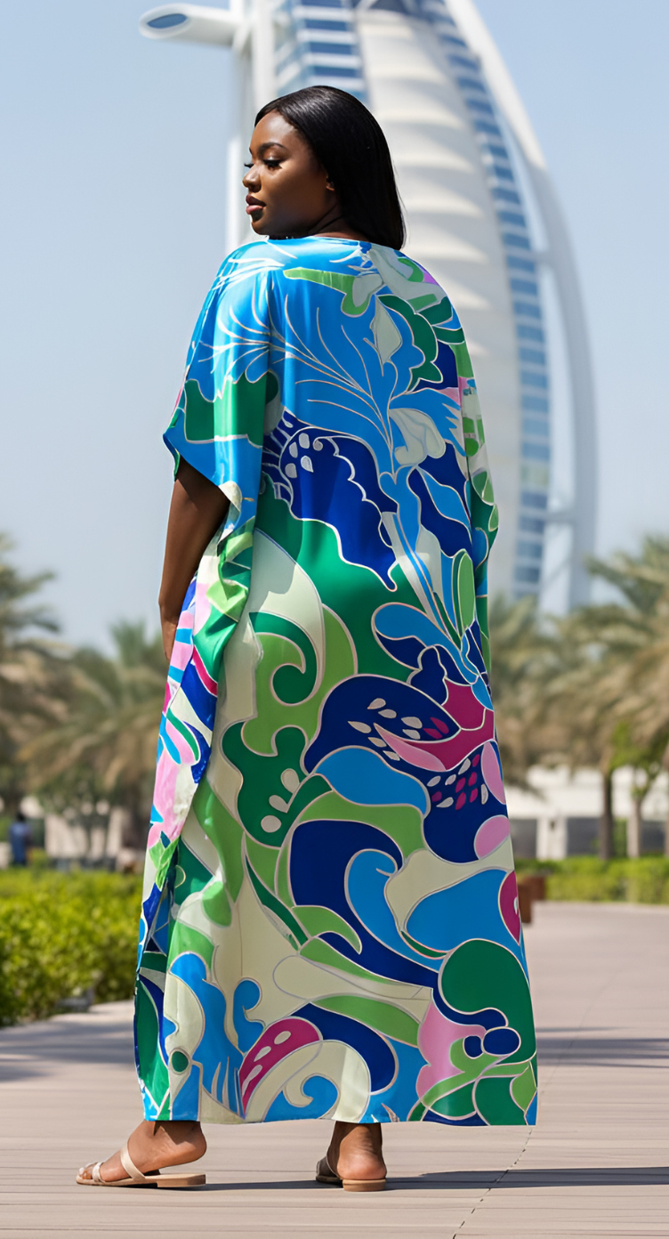 Floral Bright Blue Satin Silk Women Plus Size Caftan Dress