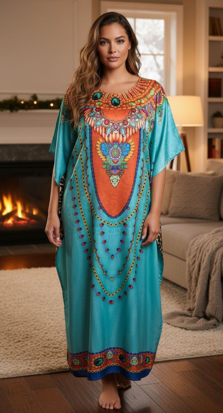 Turquoise Chain Pattern Satin Plus Size Caftan Dress for Women