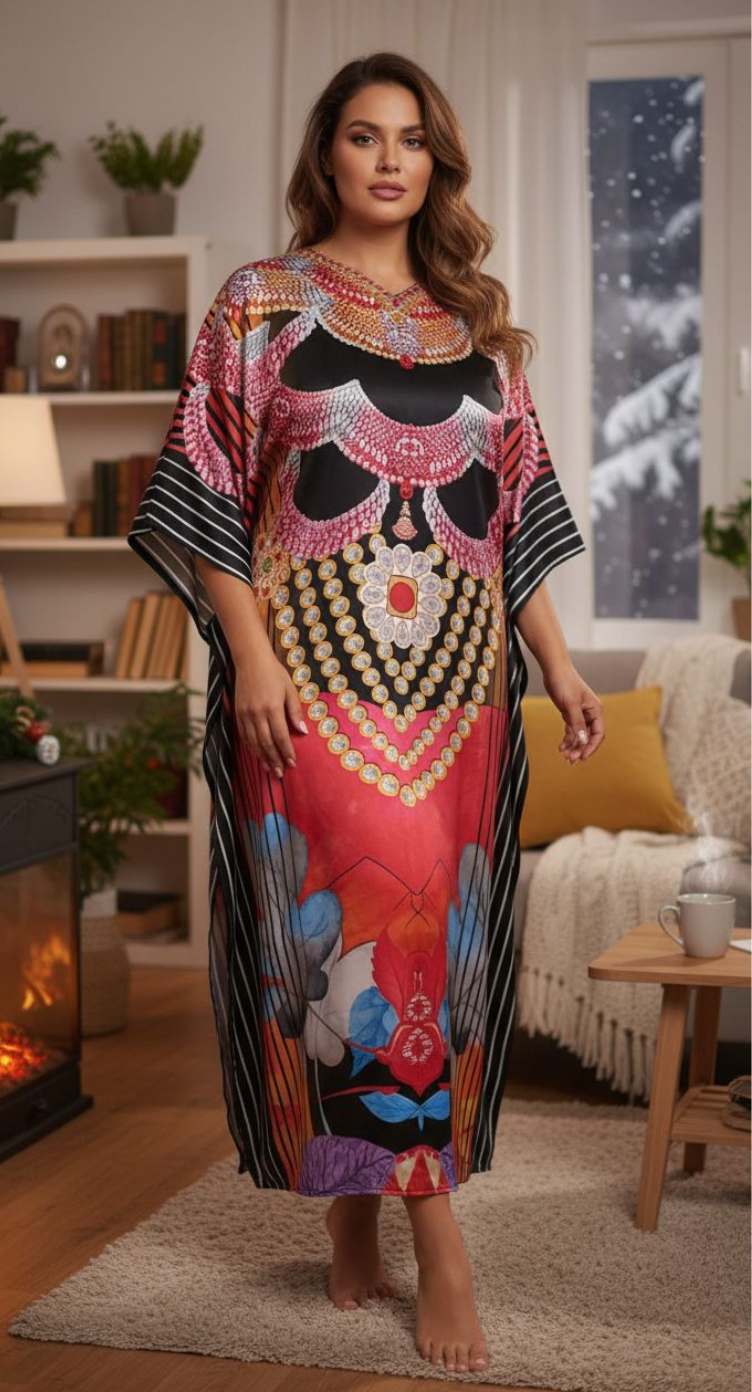 Black Chain Motif Satin Women Plus Size Kaftan Lounge Dress 1X-3X