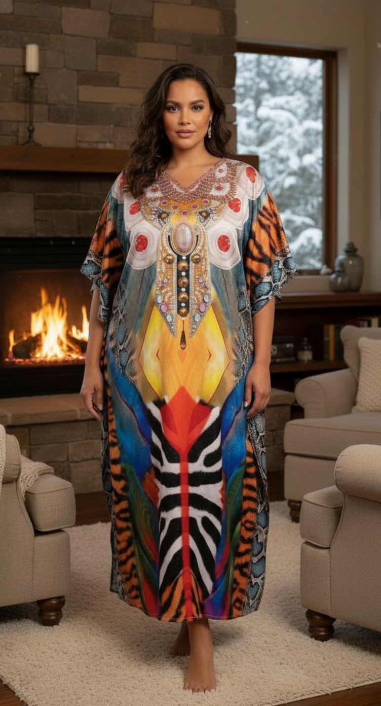 Multicolor Ornated Print Satin Women Plus Size Caftan Cover Up