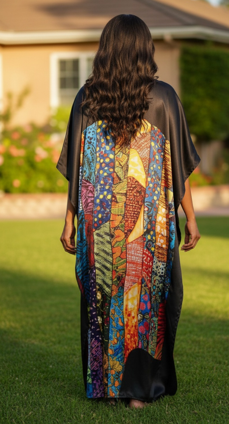 Black Abstract Print Satin Plus Size Kaftan Maxi Dress Lounge Nightwear