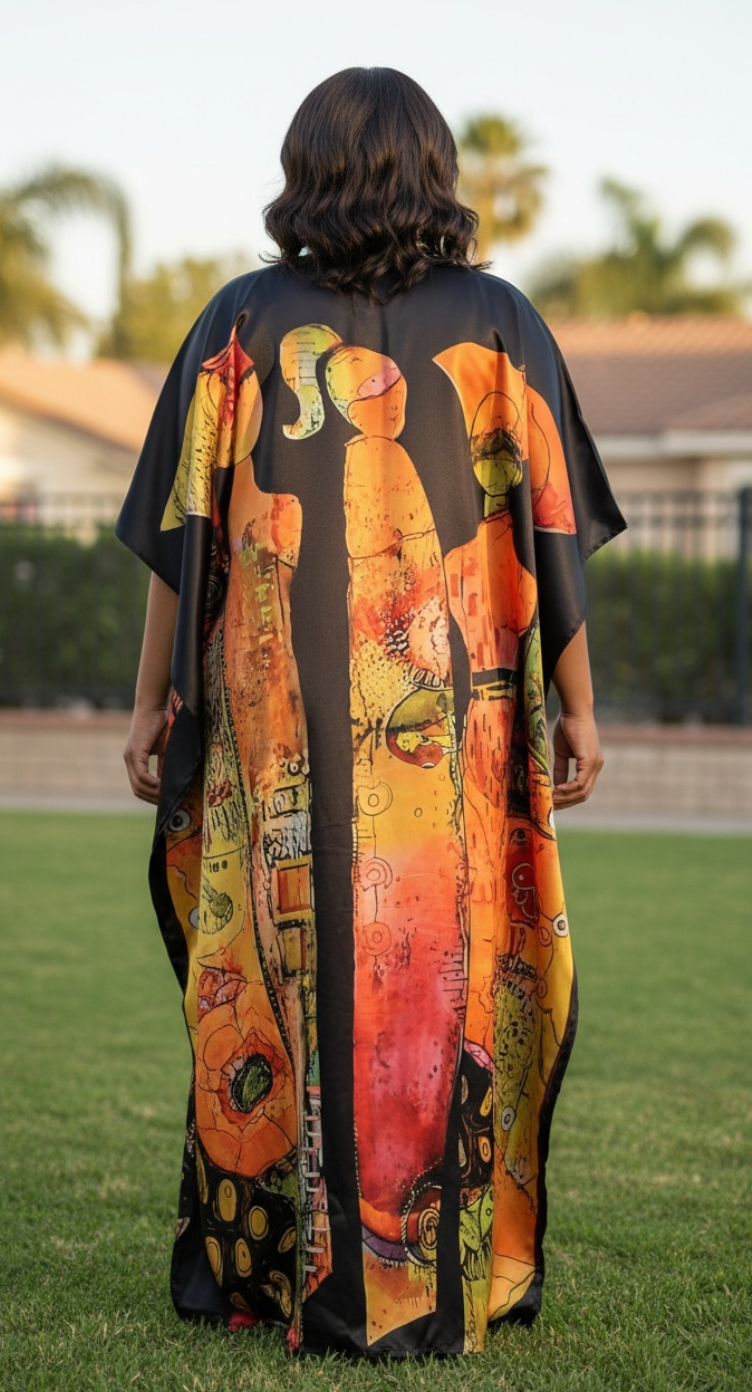 Bright Orange Lady Print Satin Plus Size Kaftan Maxi Dress Beach Holiday