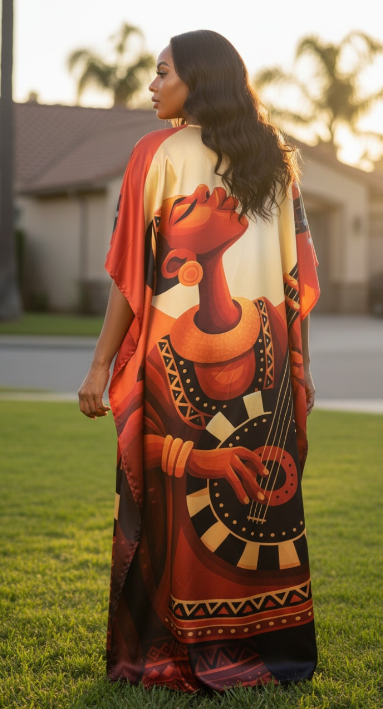 Yellow Tribal Print Satin Plus Size Kaftan Maxi Dress Festival Outfit