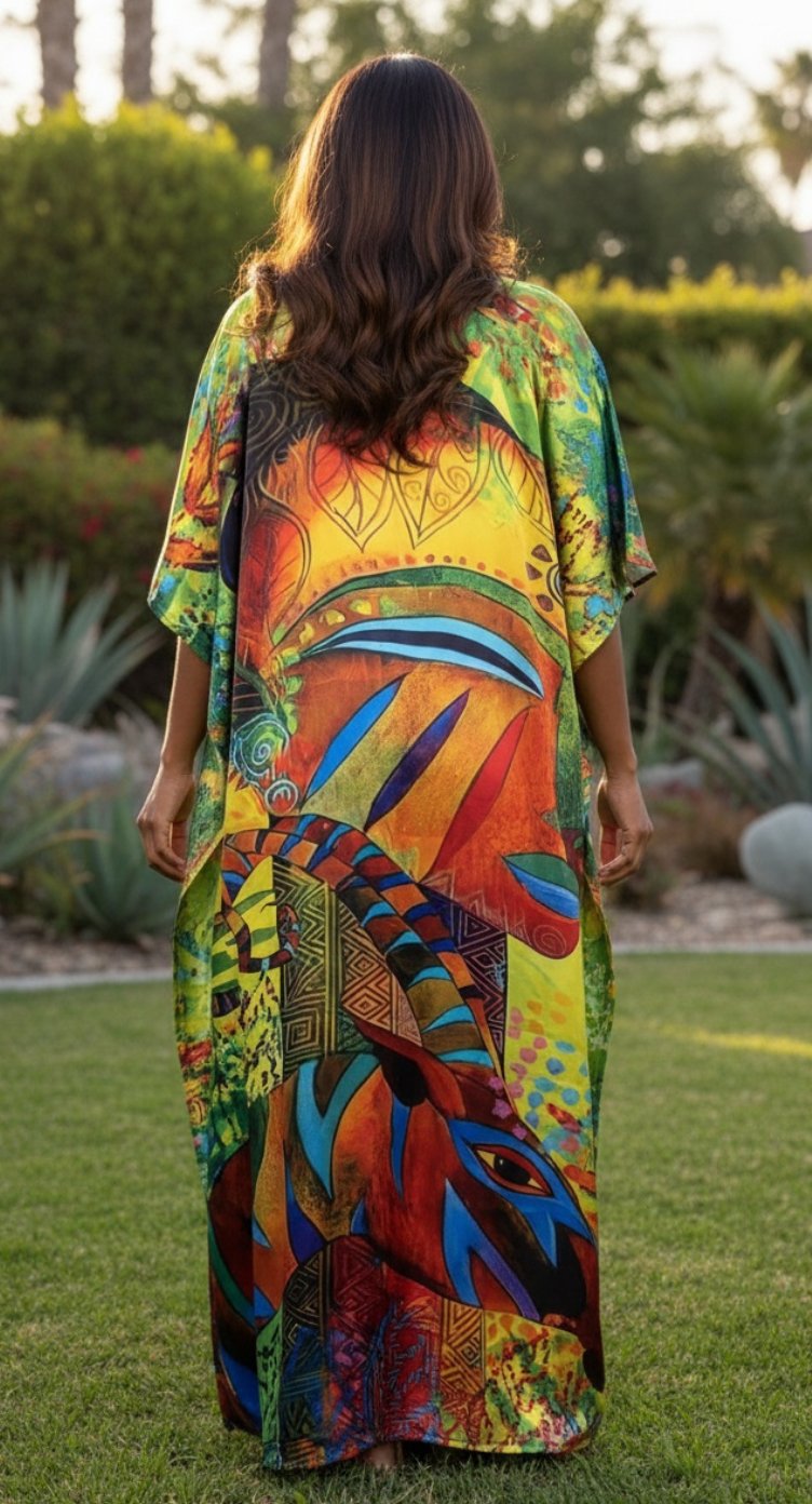 Colorful Tribal Print Satin Plus Size Kaftan Multicolor Maxi Caftan Dress