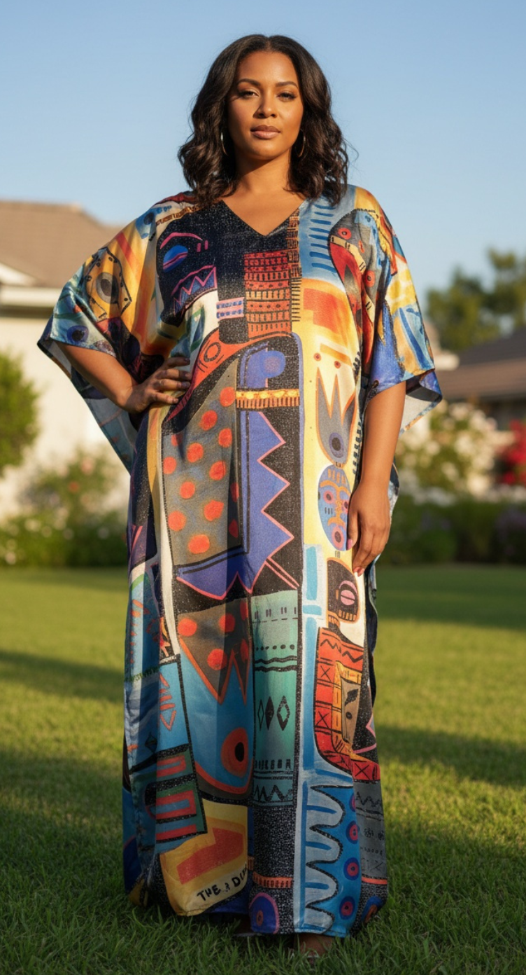 Multicolor Geometric Satin Women Plus Size Kaftan Maxi Dress