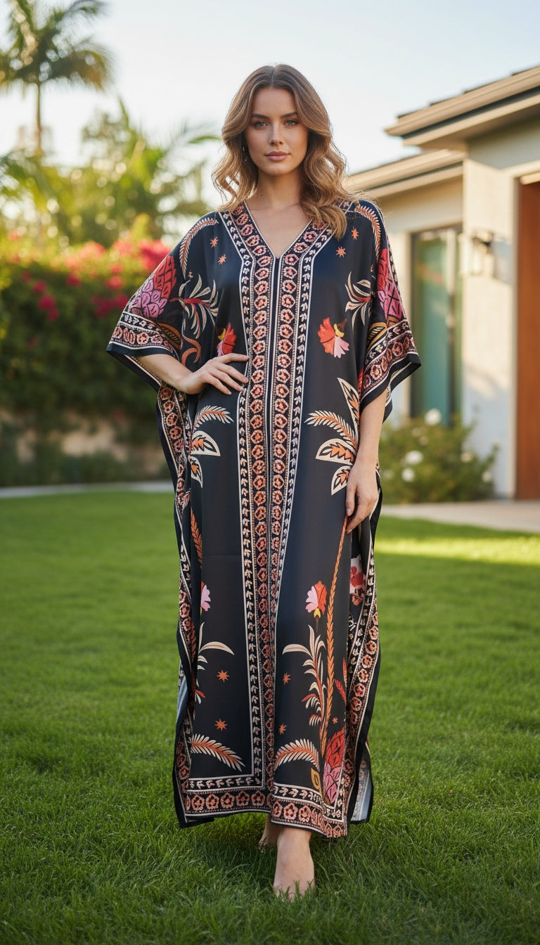 Leaf Black Satin Women Plus Size Evening Kaftan Maxi Vacation Resort