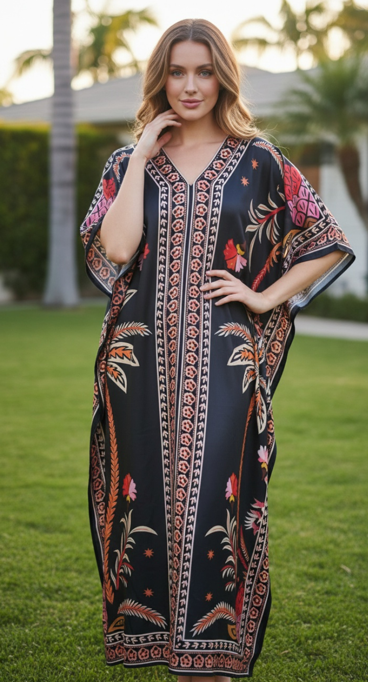Leaf Black Satin Kaftan Plus Size 1X-3X Evening Resort | Gypsie Blu Leaf Black Satin Kaftan Plus Size 1X-3X Evening Resort | Gypsie Blu