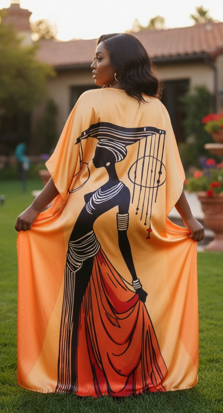 Orange African Satin Women Plus Size Kaftan Maxi Dress for Holidays