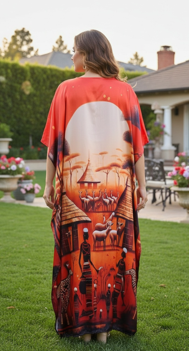 Warm Orange Tribal Satin Women Plus Size Kaftan Maxi Resort Lounge Dress
