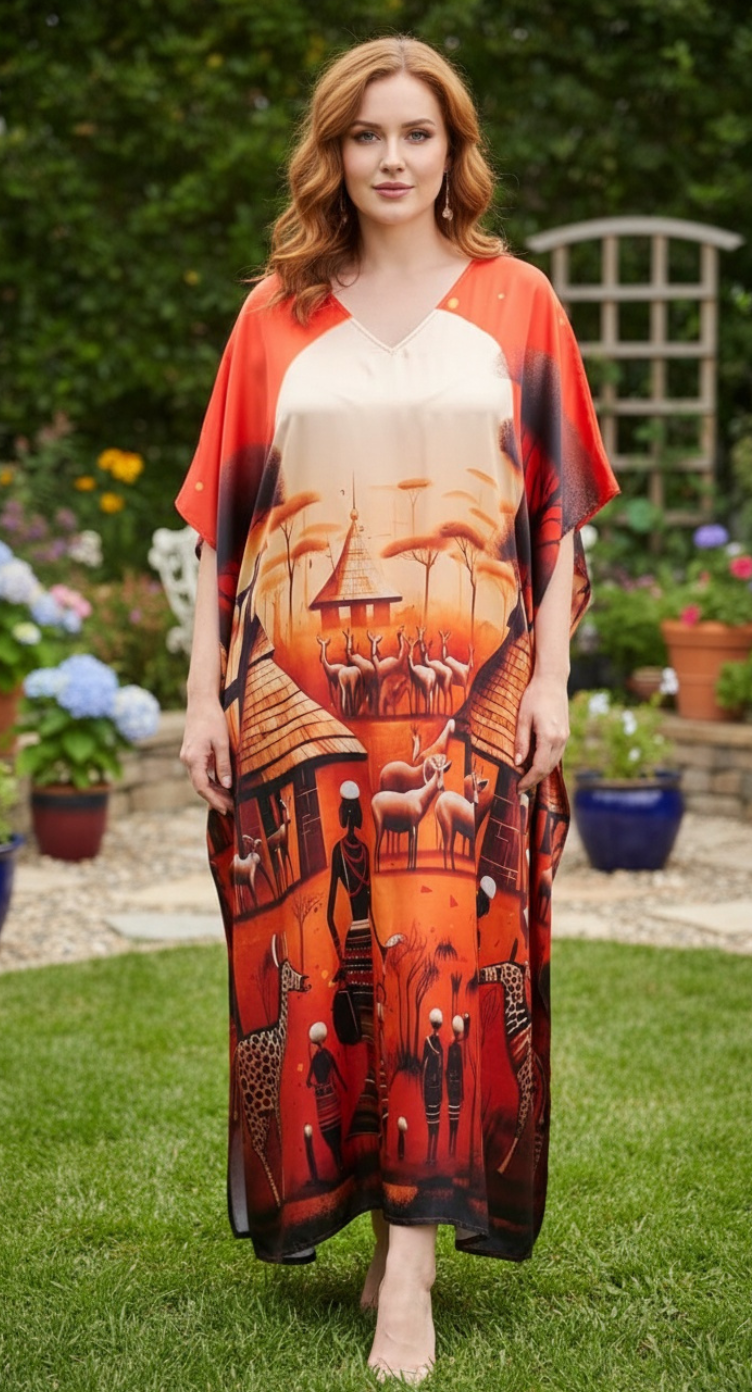 Warm Orange Tribal Satin Women Plus Size Kaftan Maxi Resort Lounge Dress