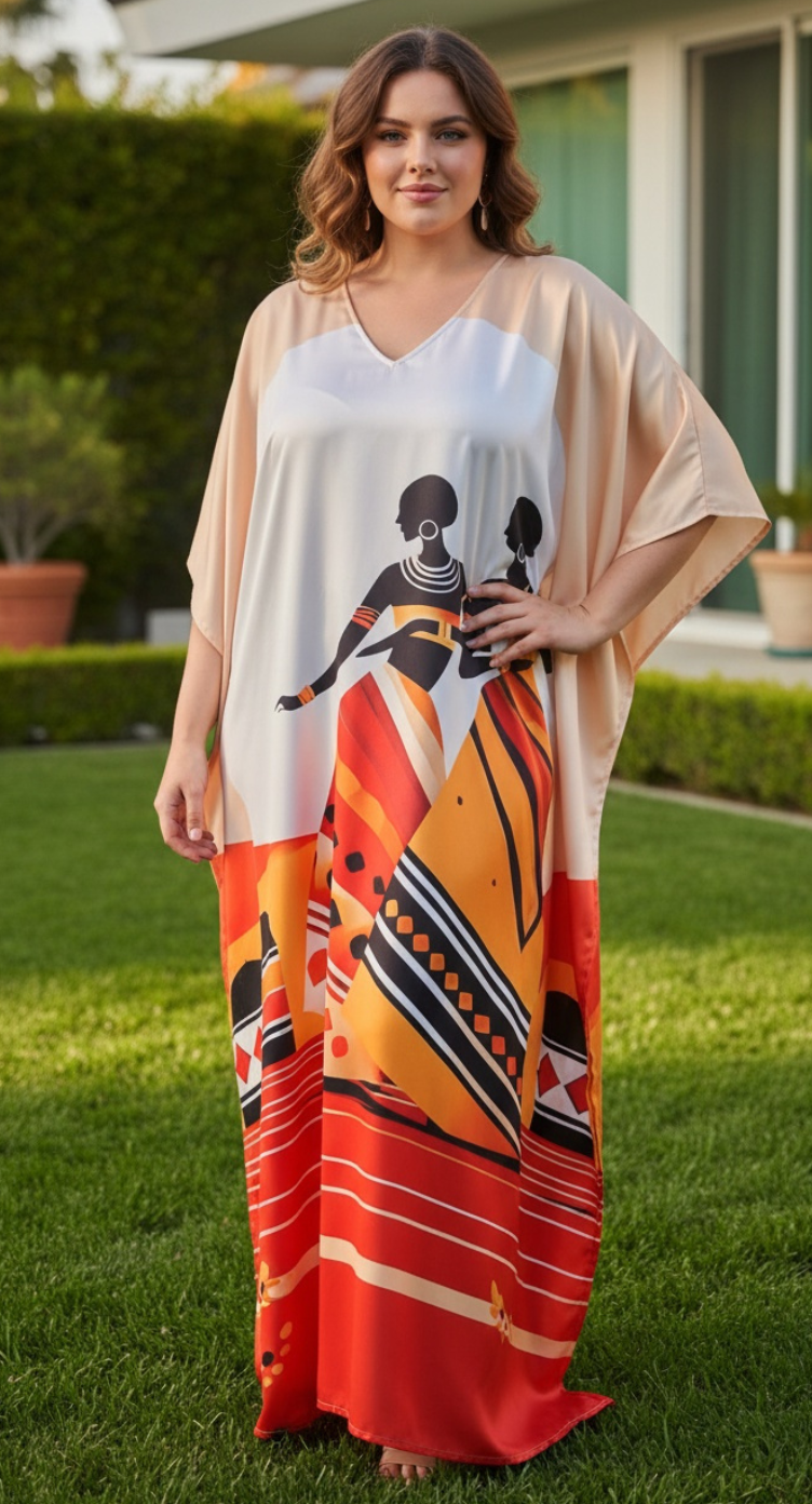 White Tribal Lady Satin Plus Size Kaftan Elegant Maxi Dress for Women