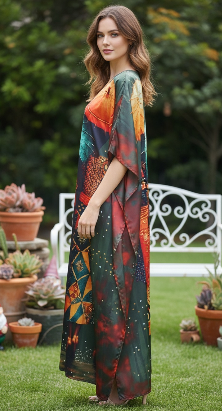 Green Abstract Satin Women Plus Size Kaftan Maxi Dress Boho Loungewear