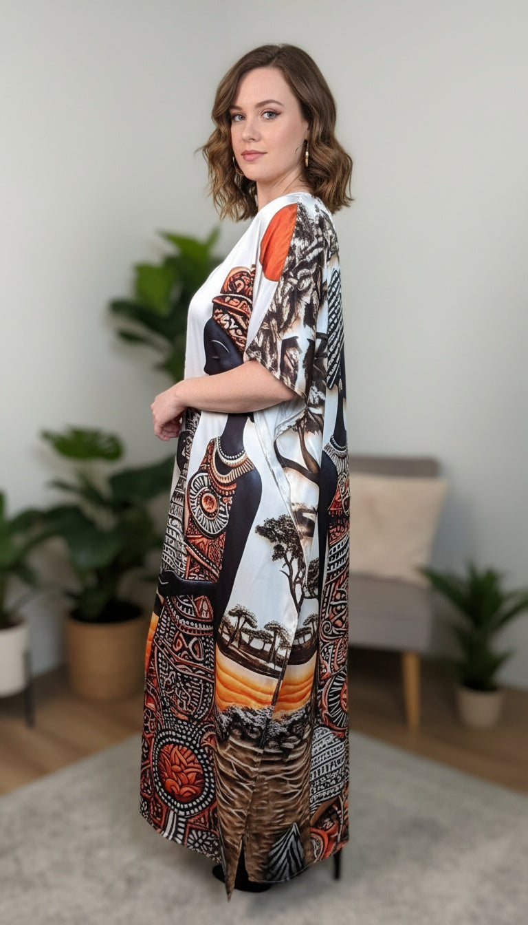 Tribal Lady White Satin Plus Size Kaftan Dress for Beach Wear