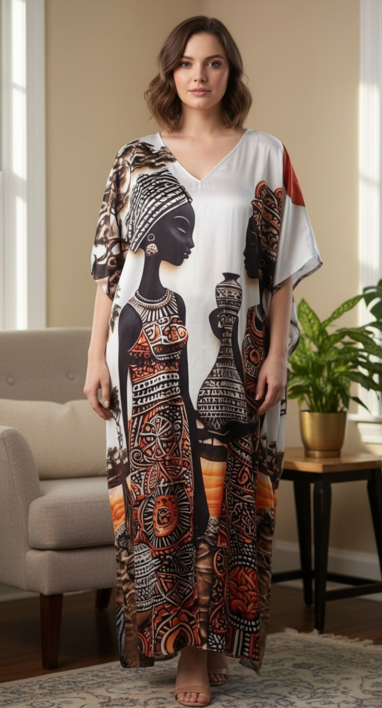 Tribal Lady White Satin Plus Size Kaftan Dress for Beach Wear