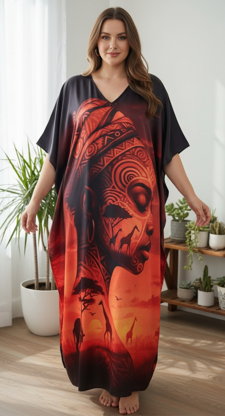 African Women Face Black Satin Kaftan Plus Size 1X-3X | Gypsie Blu African Women Face Black Satin Kaftan Plus Size 1X-3X | Gypsie Blu