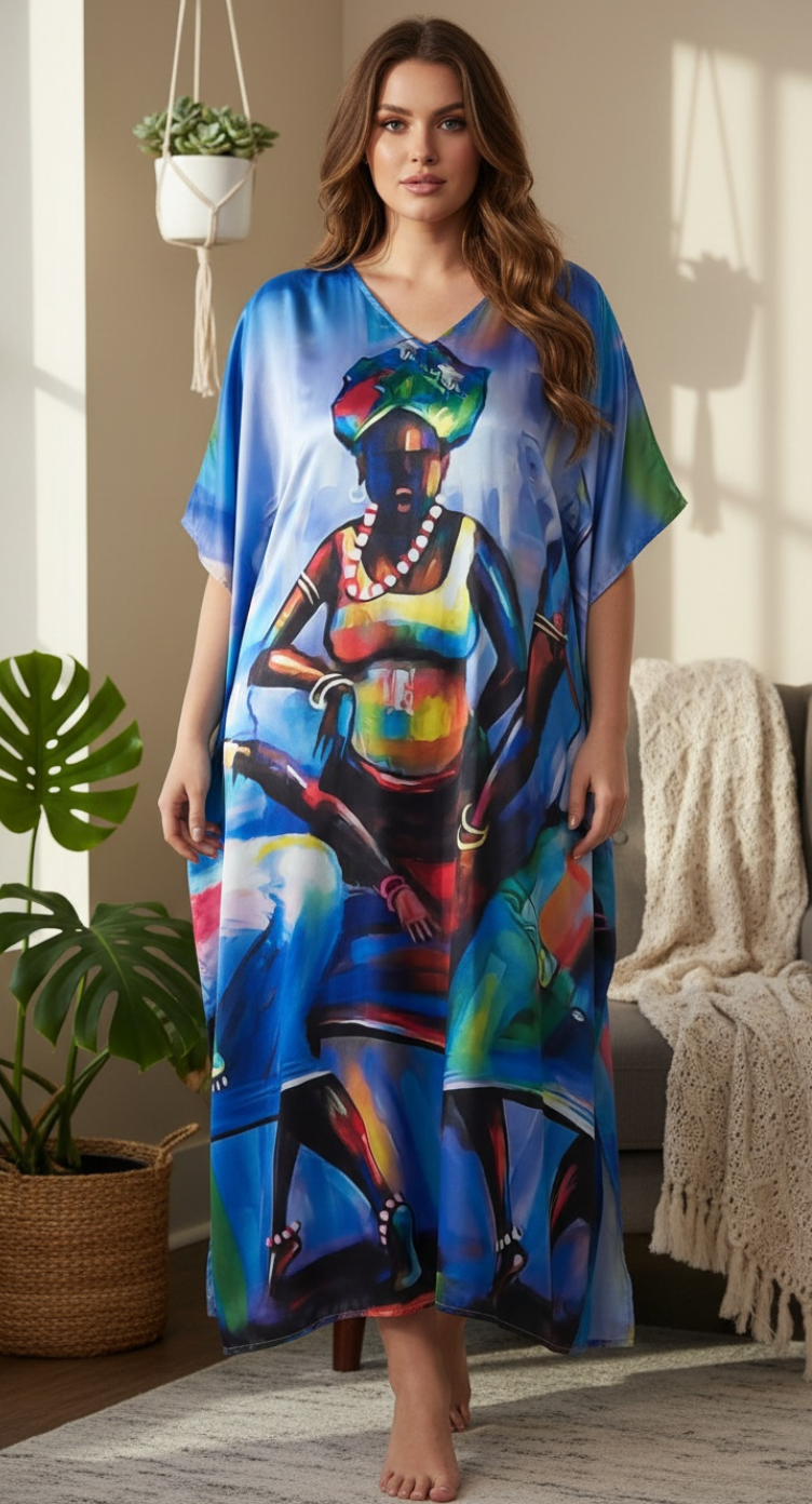 Tribal Lady Blue Satin Plus Size Kaftan Dress for Resort Wear
