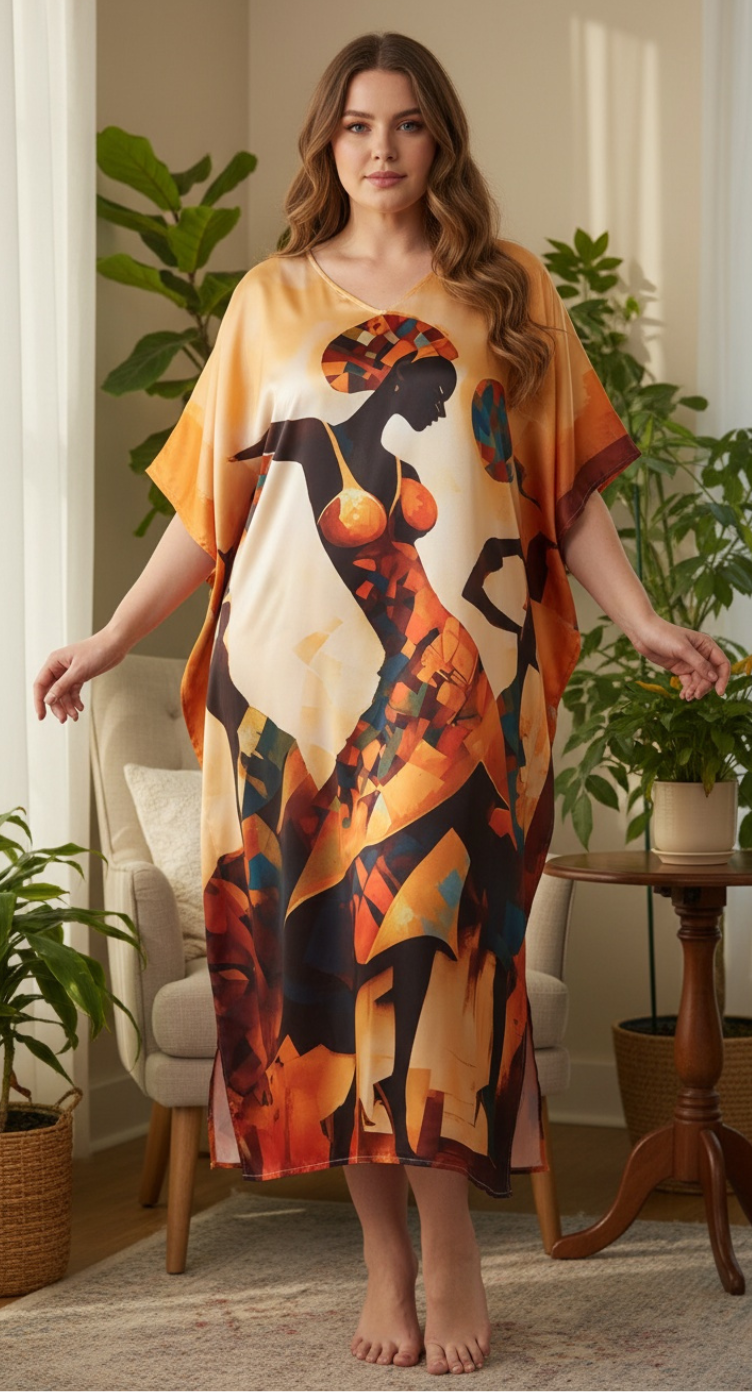 Tribal Lady Beige Satin Plus Size Kaftan Dress for Travel Wear