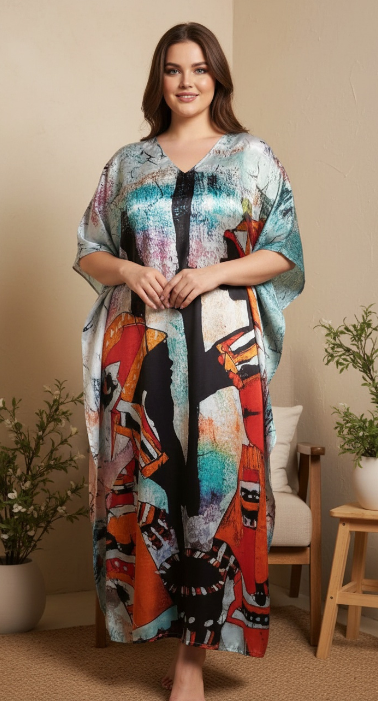 African Aqua Blue Satin Plus Size Kaftan Dress for Poolside Wear