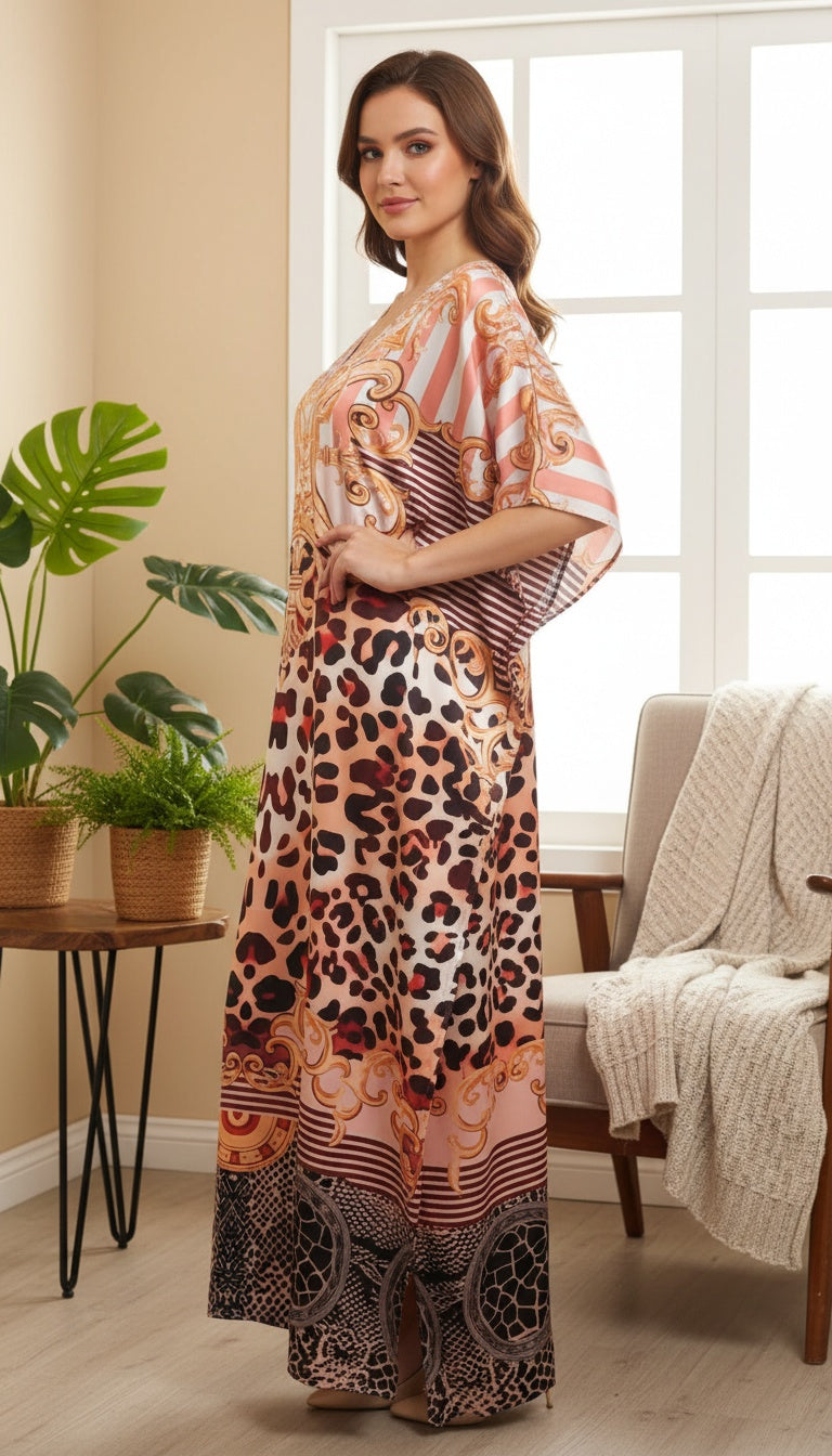 Baroque Peach Satin Women Plus Size Kaftan Dress Beach Cover up