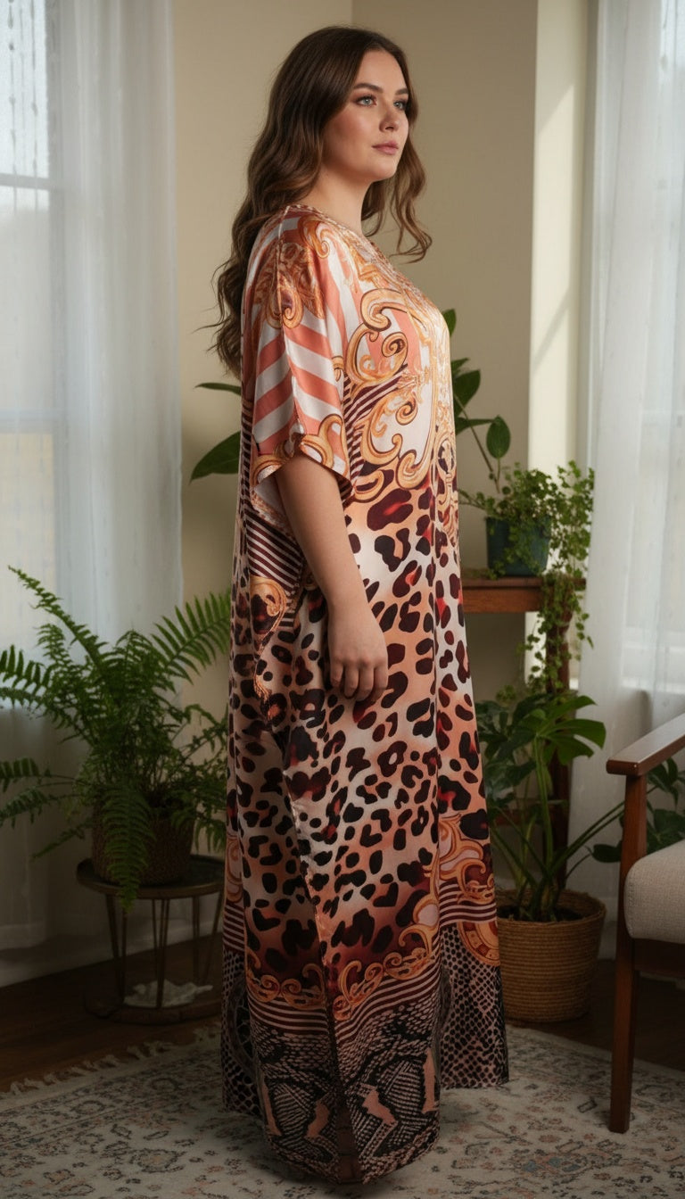 Baroque Peach Satin Women Plus Size Kaftan Dress Beach Cover up