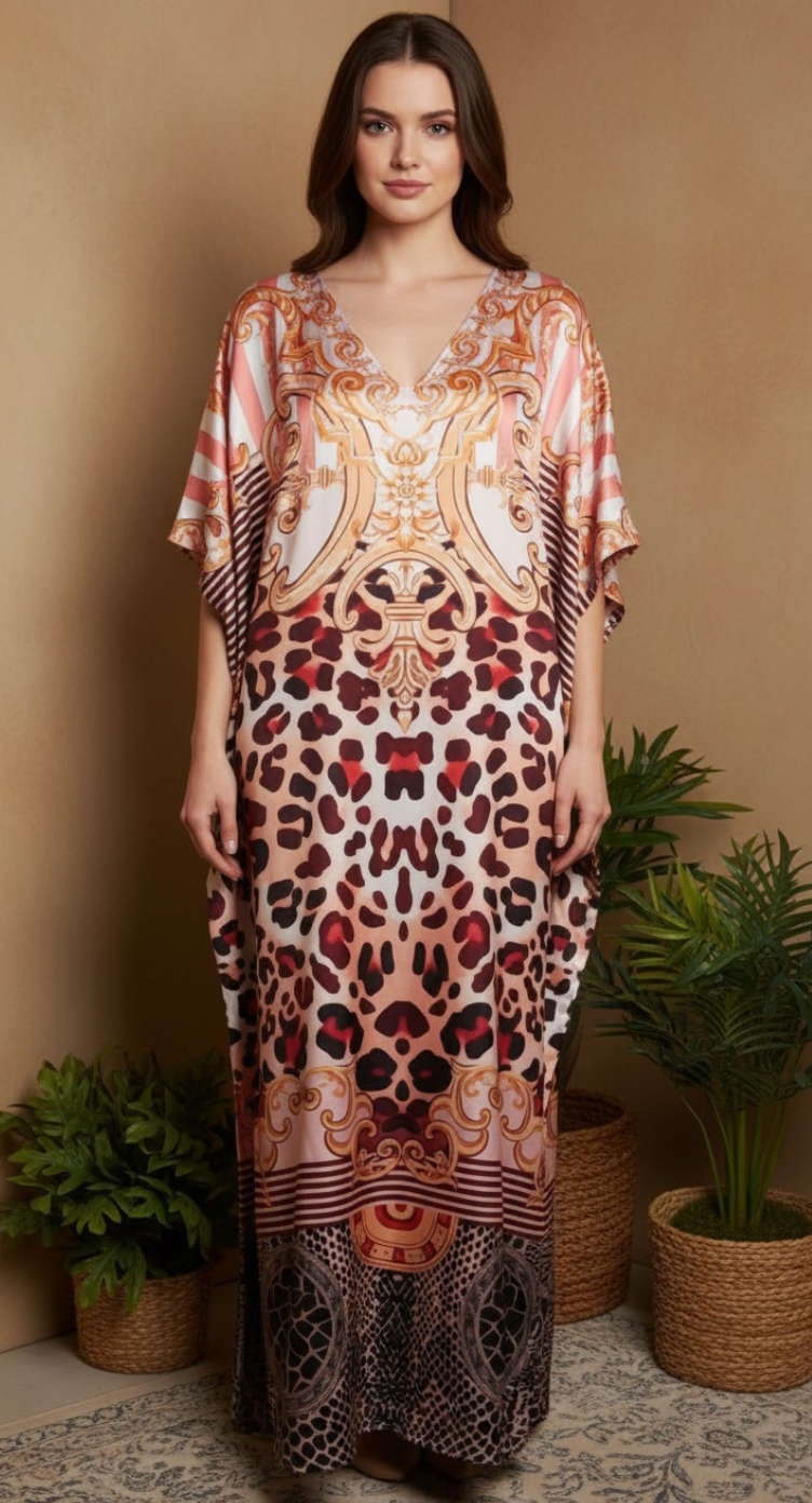 Baroque Peach Satin Women Plus Size Kaftan Dress Beach Cover up