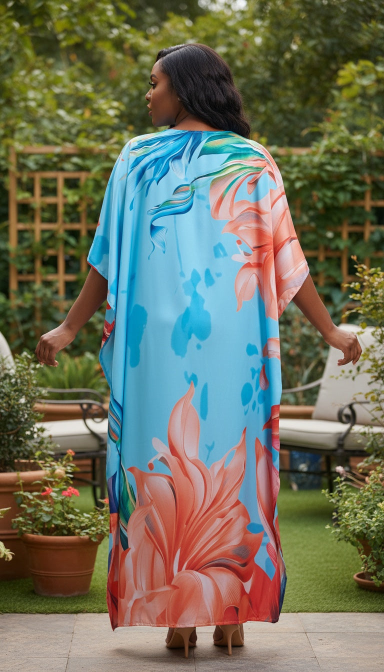 Floral Aqua Blue Satin Plus Size Women’s Kaftan Dress for Beach