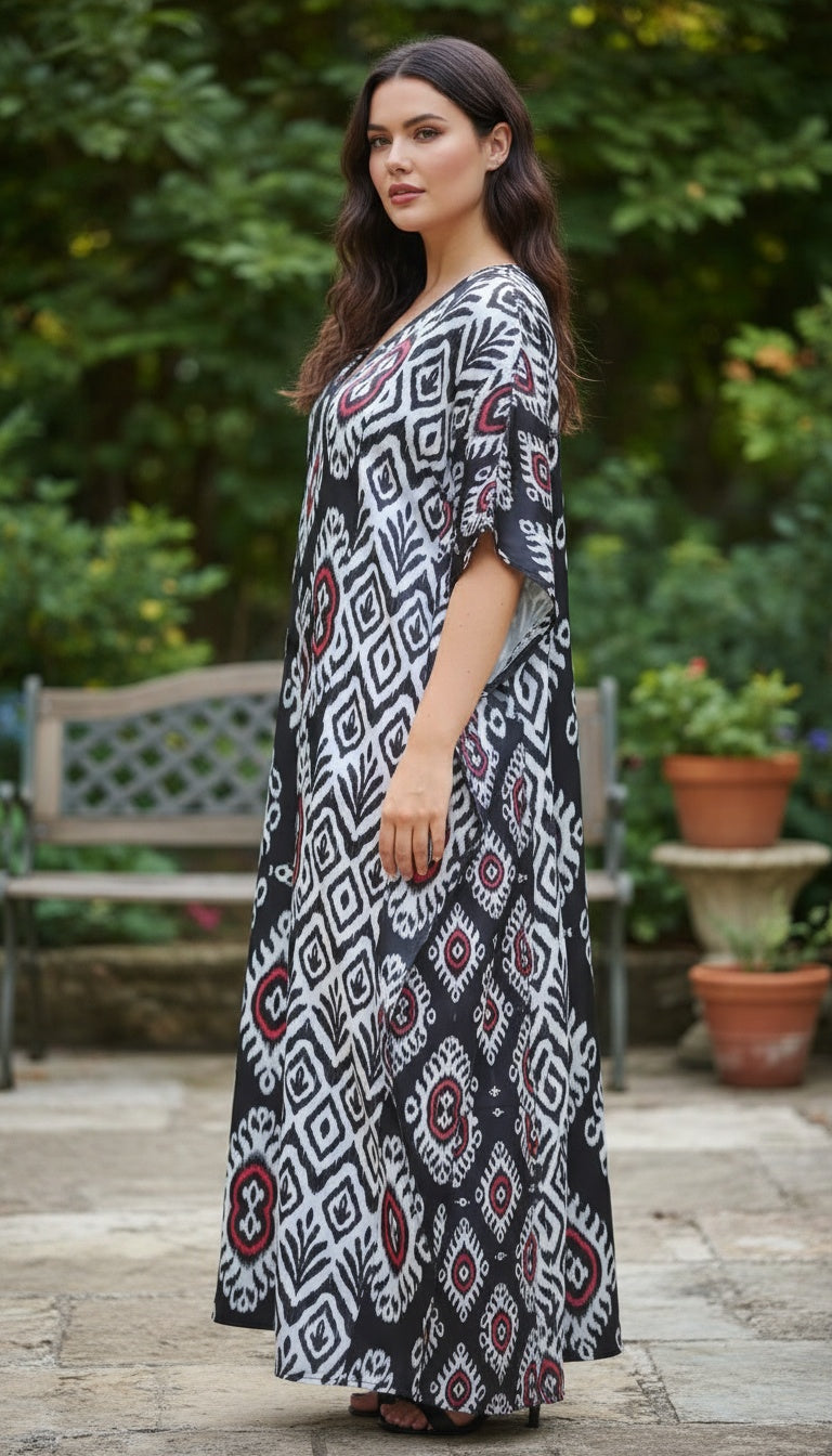 Ikat Print Black and White Satin Plus Size Women’s Kaftan Dress
