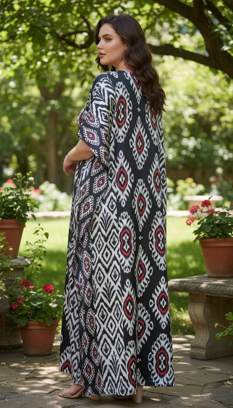 Ikat Print Black and White Plus Size Women’s Kaftan Dress