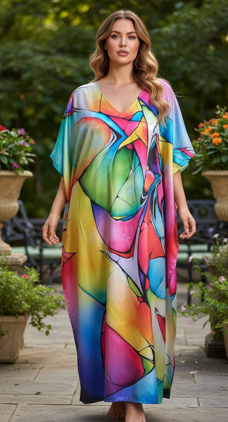 Abstract Multicolor Plus Size Women’s Kaftan for Resort Vacations