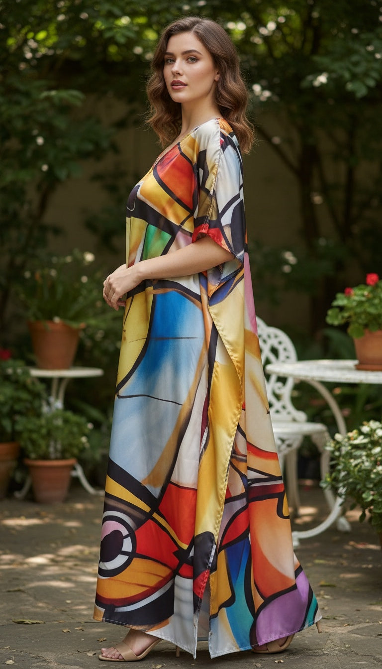 Abstract Yellow Plus Size Women’s Kaftan Dress for Brunch