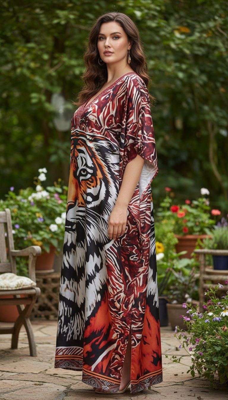 Animal Print Orange Satin Plus Size Women’s Kaftan for Vacation