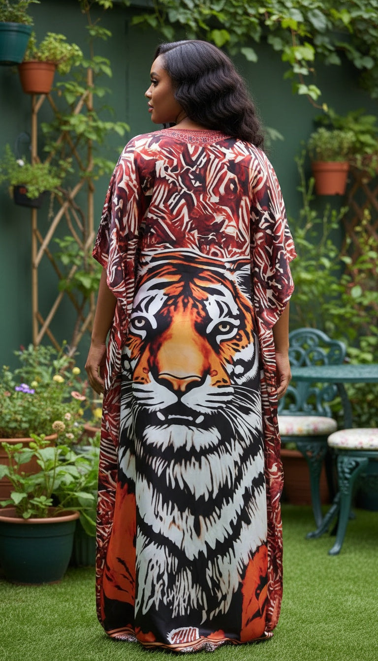 Animal Print Orange Satin Plus Size Women’s Kaftan for Vacation