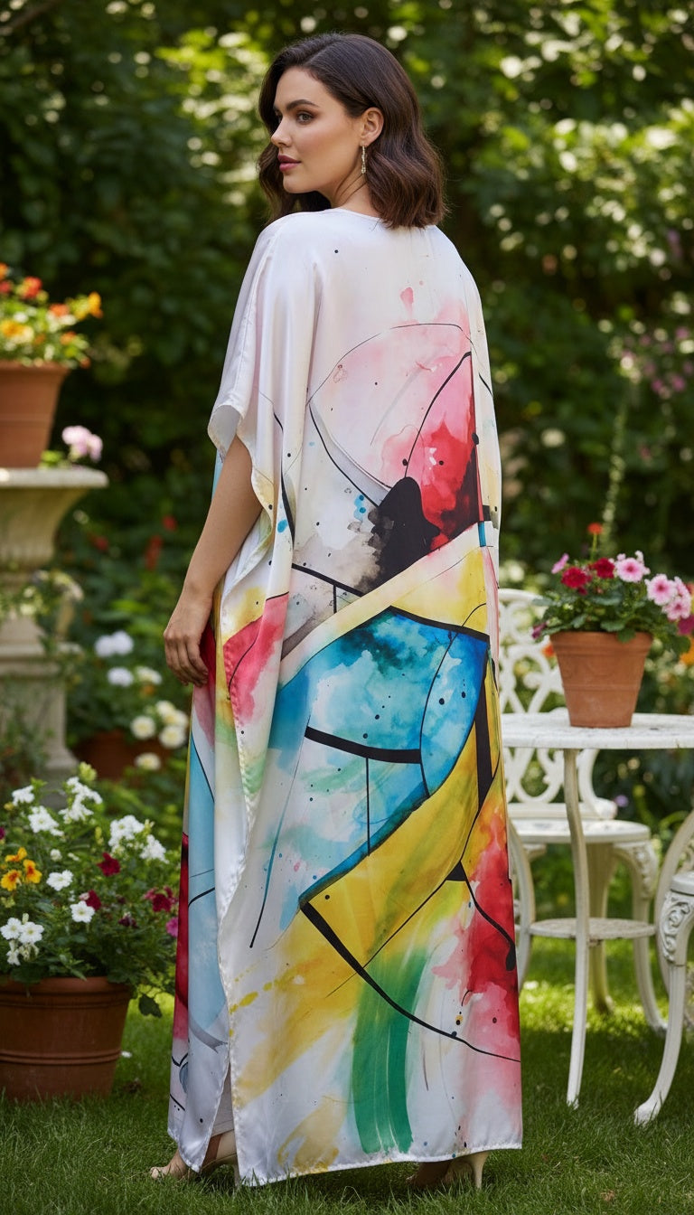 Abstract White Plus Size Women’s Kaftan Dress for Loungewear
