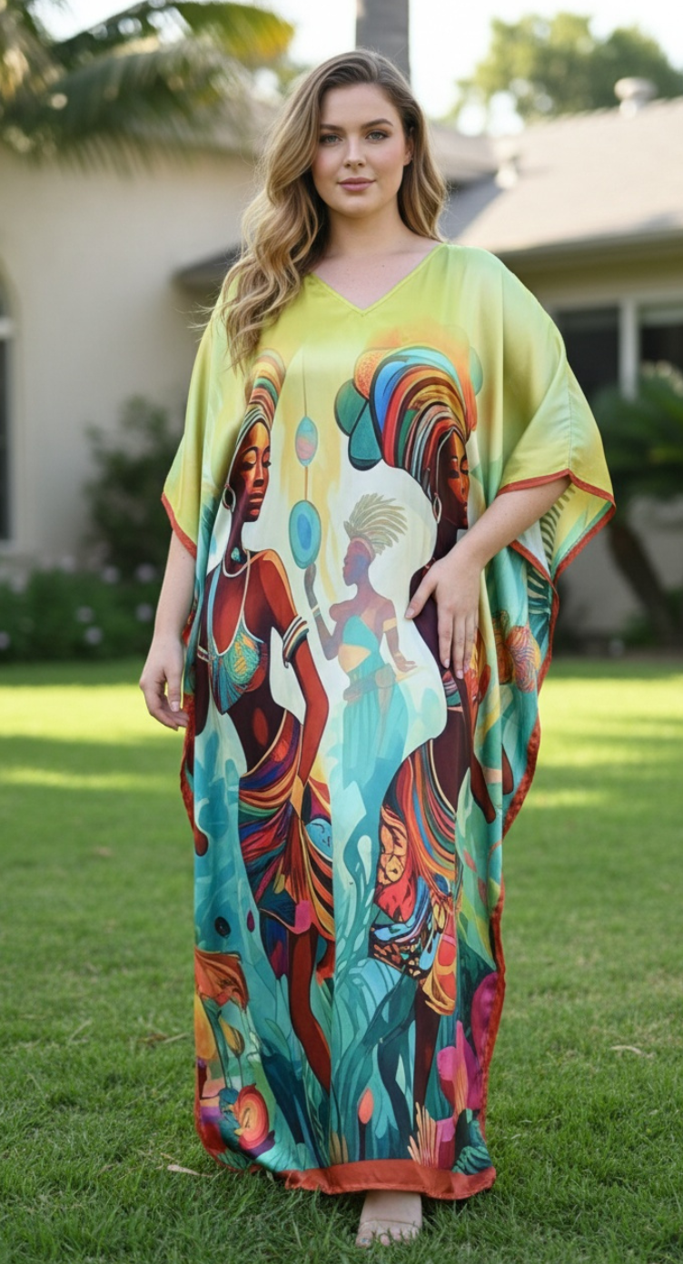 Tribal Lime Green Satin Boho Women Plus Size Kaftan Beach Cover Up