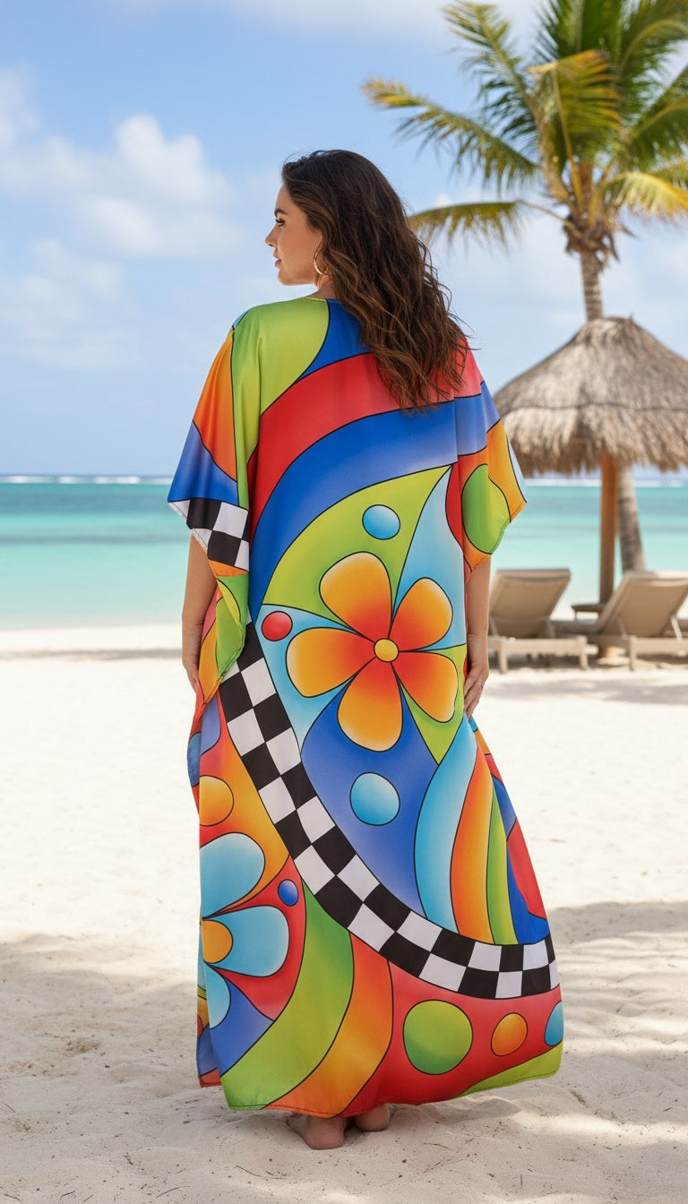 Floral Navy Blue Satin Elegant Women Plus Size Resort Kaftan Maxi Dress