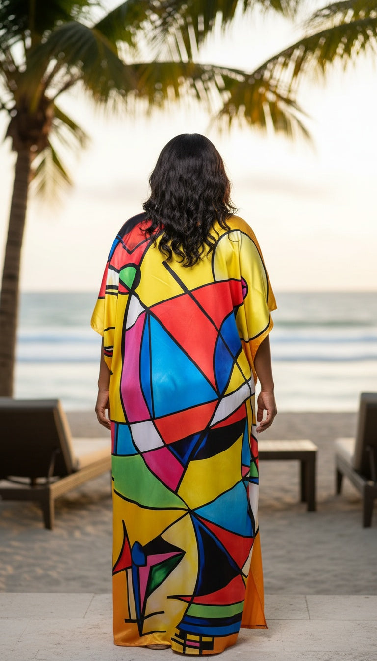 Abstract Yellow Satin Women Plus Size Boho Kaftan Beach Lounge Dress