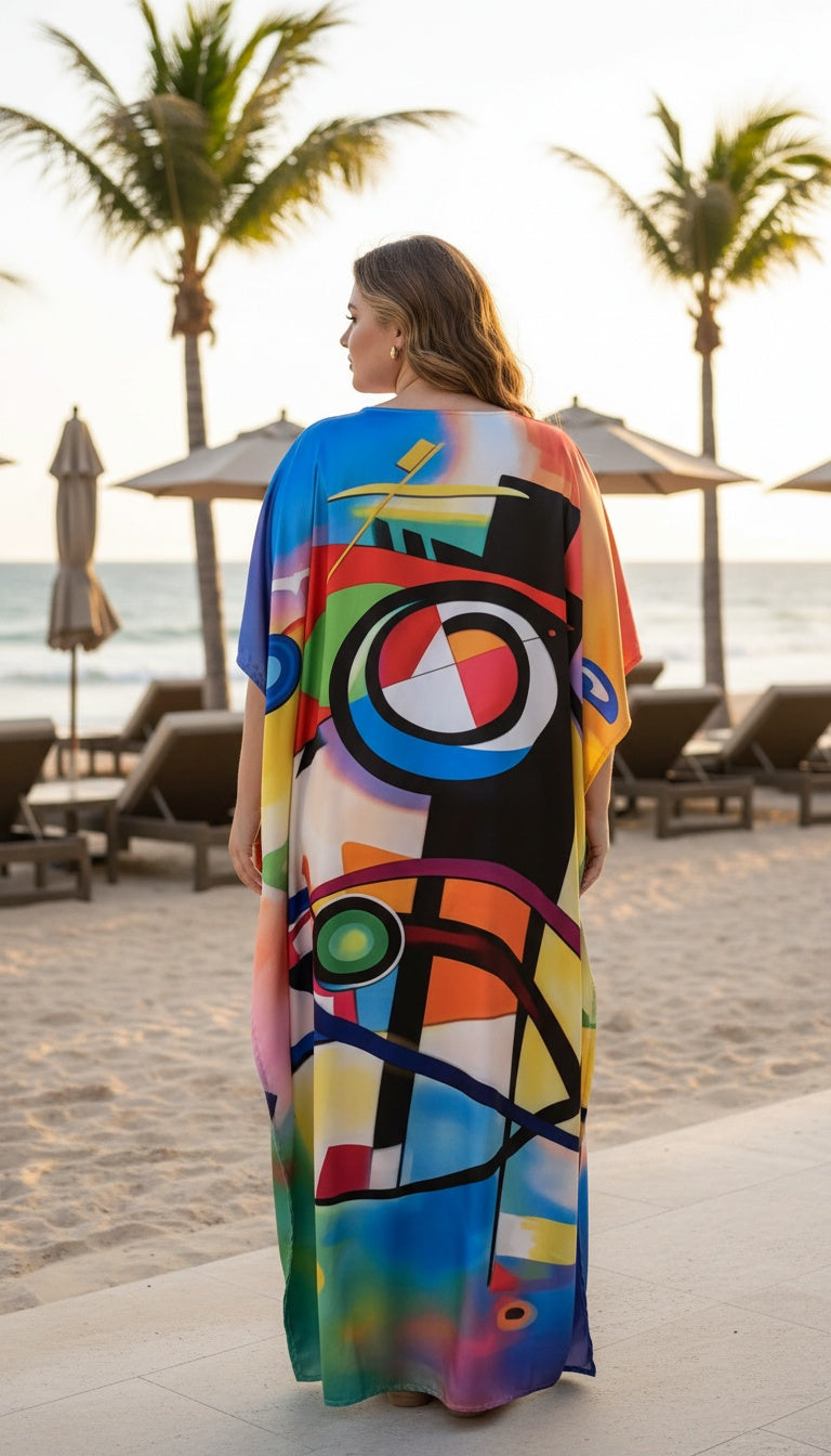Geometric Multicolor Satin Women Plus Size Pool Party Kaftan Vacation