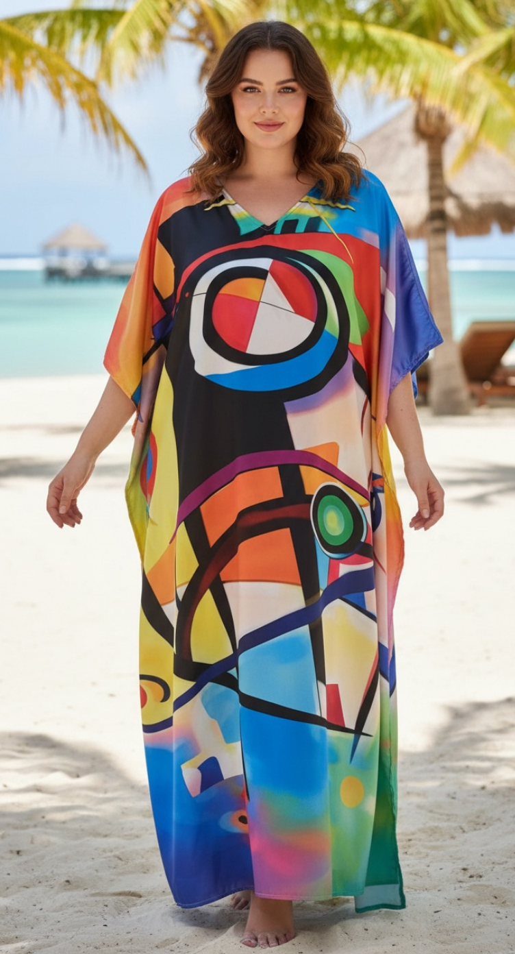 Geometric Multicolor Satin Women Plus Size Pool Party Kaftan Vacation