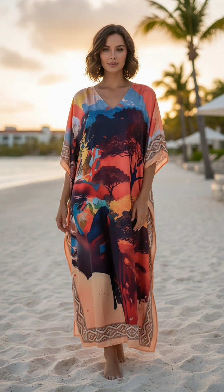 Tree Peach Satin Women Plus Size Maxi Kaftan Loungewear Dress